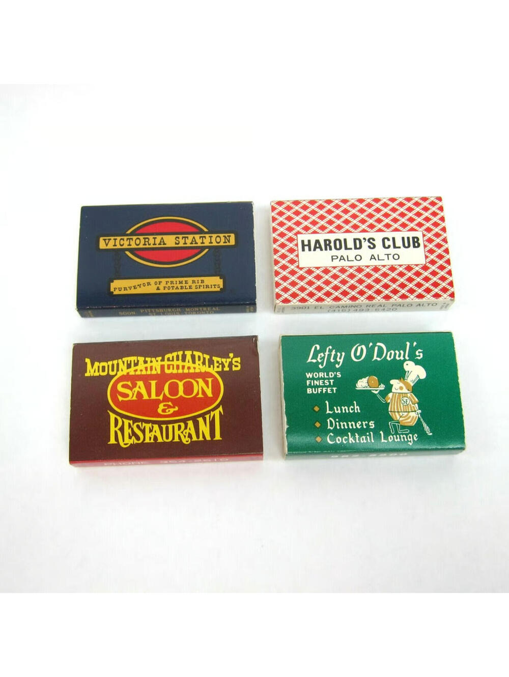 4 Vintage Matchboxes Victoria Station Harold Club Mountain Charleys Lefty Douls